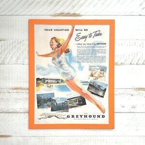 Whimsical 1940s MCM Summer Travel Ad, Vintage Fashion Bathing Suit, Home Refresh